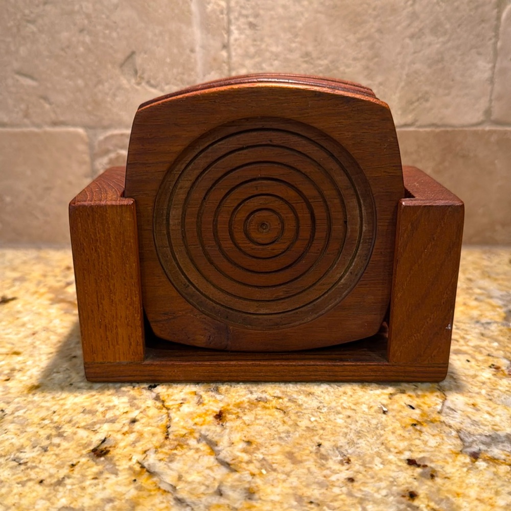 Vintage Kalmar Designs Teak Wood Brown Coaster Set of 6 with Caddy Octagonal.